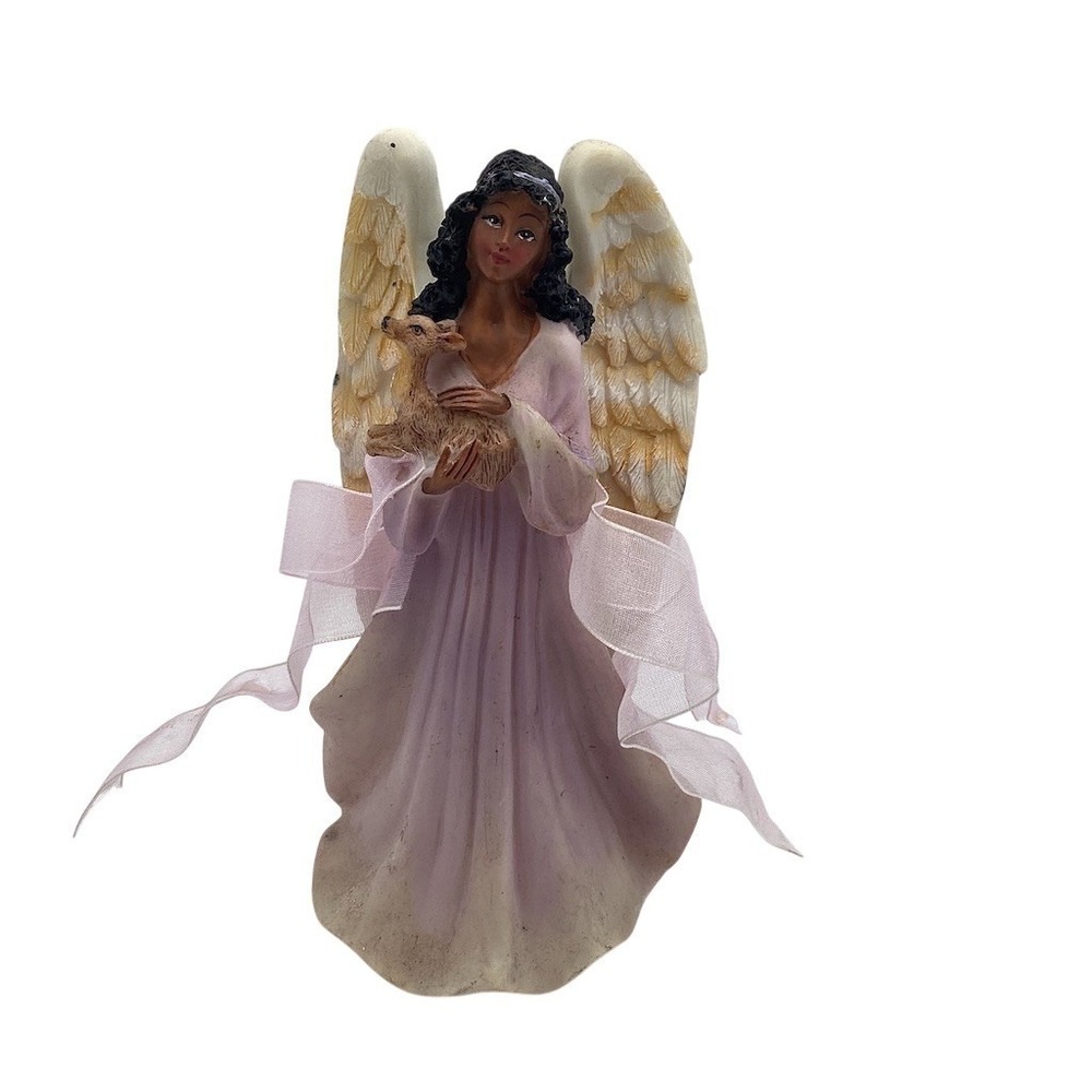 Roman Inc Angel Figurine Holding Lamb Pink Ribbon Sash Gold Wings 6.5in